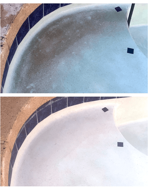 Pool plaster before and after stain removal comparison