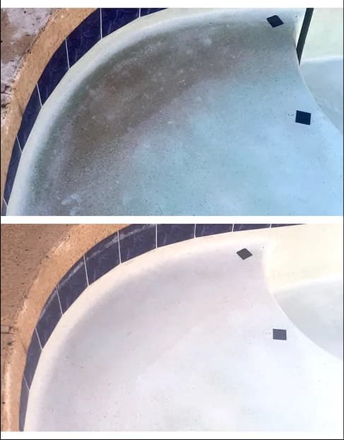 Pool plaster before and after stain removal comparison