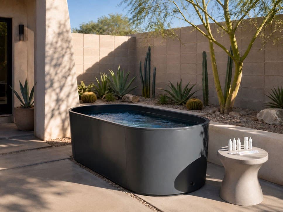 Modern backyard cold plunge tub with desert landscaping