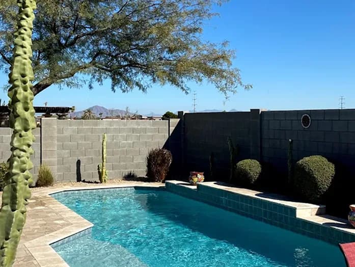 Backyard pool with tiled bench and desert landscaping